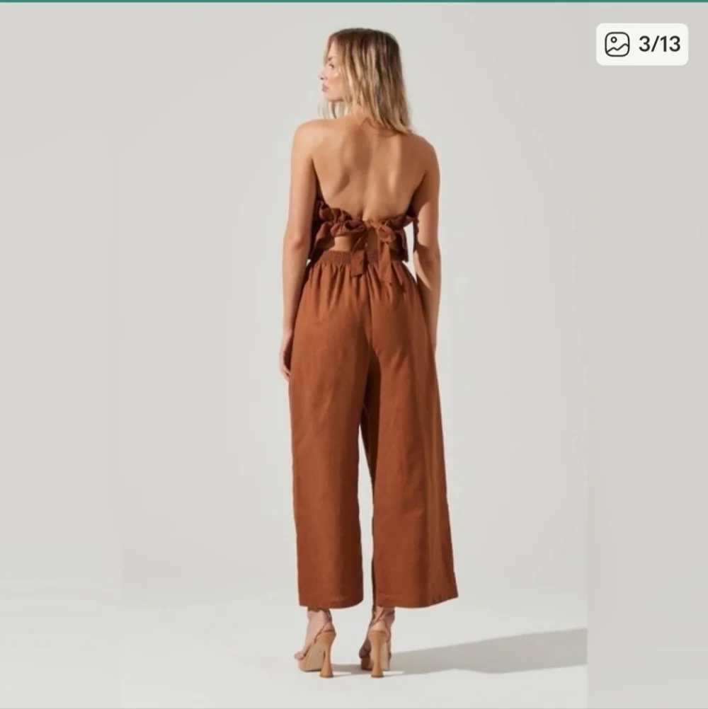 ASTR the label ruffle top jumpsuit linen cotton rust brown size S - Picture 3 of 14